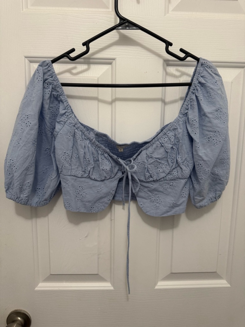 Love Tree Powder Blue Eyelet Tie-Front Puff Sleeve Crop Top